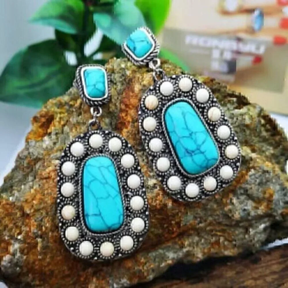 Ancient Silver Turquoise Earrings Exaggerated Boho Drop Earrings
